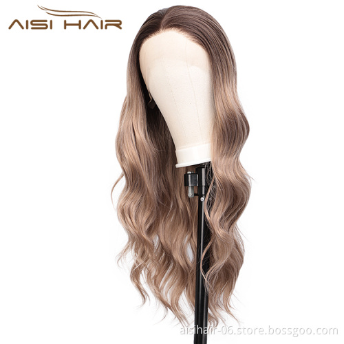 Aisi Hair Cheap Long Wavy Ombre Brown Dark Root Wig Body Wave Lace Front Wig Synthetic Fiber Front Lace Wigs For Black Women